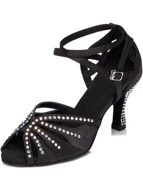 Women's Black Rhinestone Latin Salsa Ballroom Open Toe 3-Inch Heel Dance Shoes